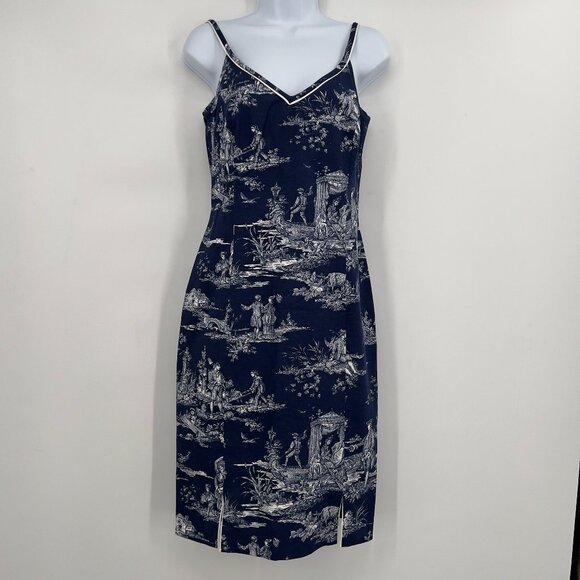 Victoria Pappas Navy Toile Print Cotton Blend Dress Midi Women’s Size 4 - Picture 1 of 11